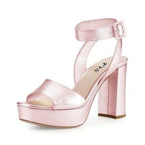 Women Round Open Toe Platform Ankle Strap Sandals Block Chunky High Heel Buckled